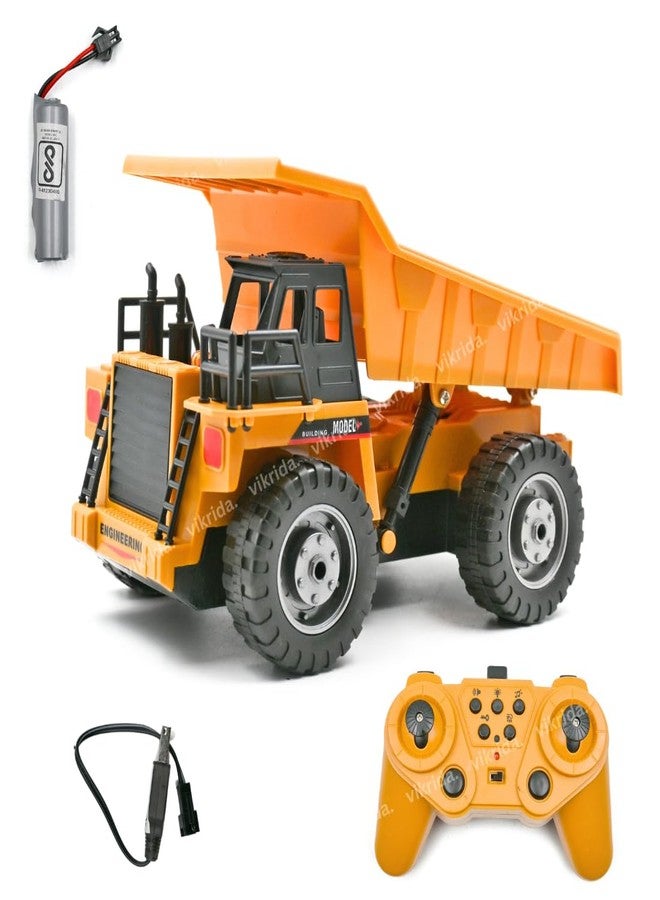 VikriDA 1:18 Remote Control Dump Truck Toy | Durable, Rechargeable & Realistic Truck with Working Dump Bed - Yellow - Image 1